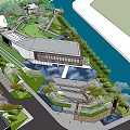 Modern Sales Office Building With Curved Roof Riverside Water Features And Greenery
