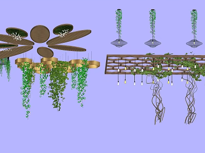 Ceiling Design With Hanging Green Vines Plants And Decorative Lighting Fixtures 3d model
