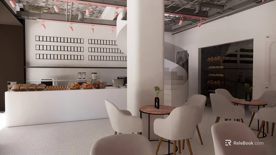 Modern Bubble Tea Shop Interior With White Chairs Round Tables Bread Display And Pink Lights 3d model 