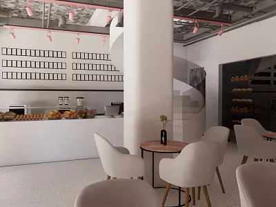 Modern Bubble Tea Shop Interior With White Chairs Round Tables Bread Display And Pink Lights 3d model