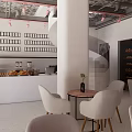 Modern Bubble Tea Shop Interior With White Chairs Round Tables Bread Display And Pink Lights