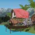 Rustic Lakeside Villa With Red Thatched Roof Overwater Deck Palm Trees And Mountain Backdrop