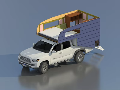 White Pickup Truck Camper Attachment With Staircase And Interior Living Space 3d model