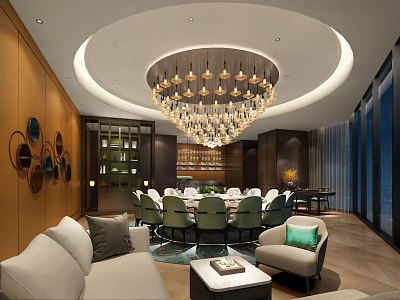 Elegant Private Dining Room Interior With Round Chandelier Dining Table Chairs And Sofa Area 3d model