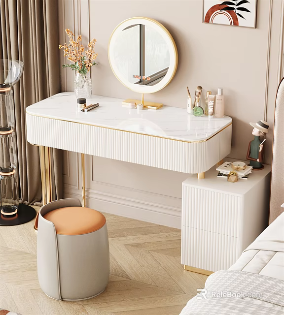 Modern Elegant Dressing Table With White Countertop Gold Metal Legs Round Mirror Cosmetics And Orange Stool 3d model 