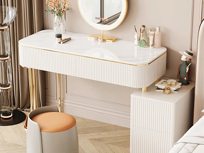 Modern Elegant Dressing Table With White Countertop Gold Metal Legs Round Mirror Cosmetics And Orange Stool 3d model