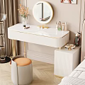 Modern Elegant Dressing Table With White Countertop Gold Metal Legs Round Mirror Cosmetics And Orange Stool