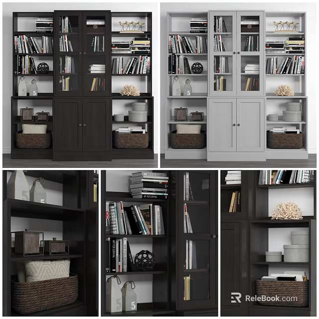 Modern Dark and Light Bookcase Designs with Open Shelves Storage Baskets and Decorative Items 3d model 