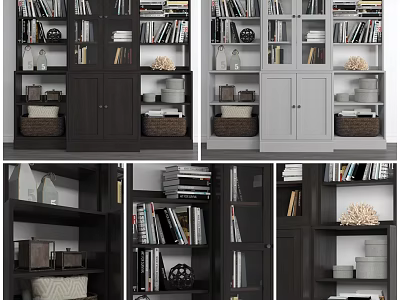 Modern Dark and Light Bookcase Designs with Open Shelves Storage Baskets and Decorative Items 3d model
