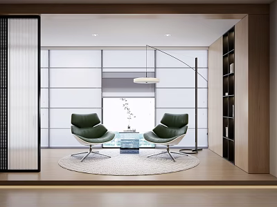 Green Leisure Chairs With Metal Legs On Round Rug In Modern Interior With Floor Lamp 3d model