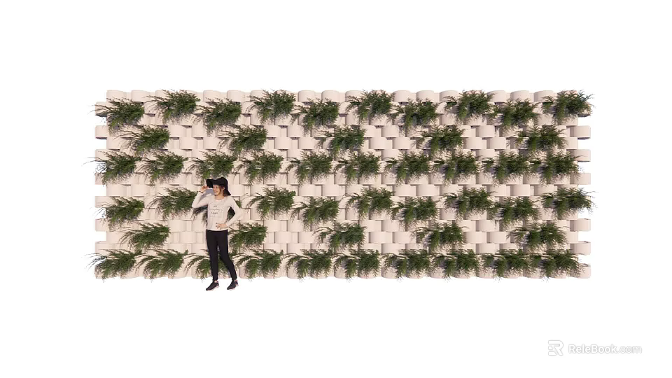 Vertical Green Plant Combination On White Block Wall With Person Standing 3d model 