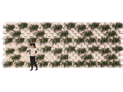Vertical Green Plant Combination On White Block Wall With Person Standing 3d model