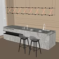 Modern Bar Counter With Marble Surface And Two Bar Stools Under Pendant Lights