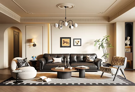 French Retro Style Living Room French Middle Ancient Living Room French Retro Sofa Combination Sofa Coffee Table Combination Cross Hall Black and White Grey Living Room French Leisure Chair French Coffee Table 3d model
