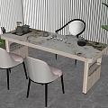 Modern Dining Area With Long Table Beige Chairs Tea Set Green Plants And Blinds
