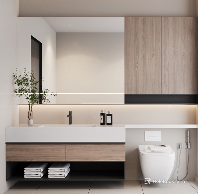 Elegant Modern Bathroom Vanity Cabinet With Wooden Countertop Mirror And Sink 3d model 