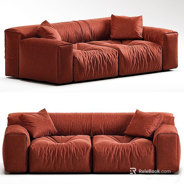 Modern Red Two-Seater Sofa With Pleated Design And Soft Cushions 3d model 