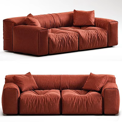 Modern Red Two-Seater Sofa With Pleated Design And Soft Cushions 3d model