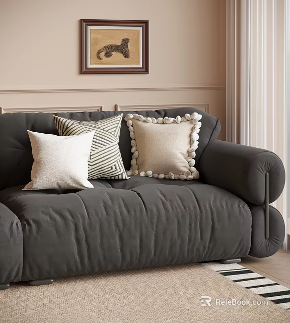 Gray Sofa With Decorative Pillows In Living Room With Beige Walls And Framed Art 3d model 