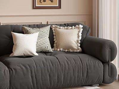 Gray Sofa With Decorative Pillows In Living Room With Beige Walls And Framed Art 3d model