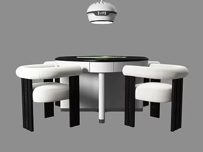 Modern Entertainment Table with Round Top and White Chairs Under Pendant Light 3d model