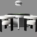Modern Entertainment Table with Round Top and White Chairs Under Pendant Light