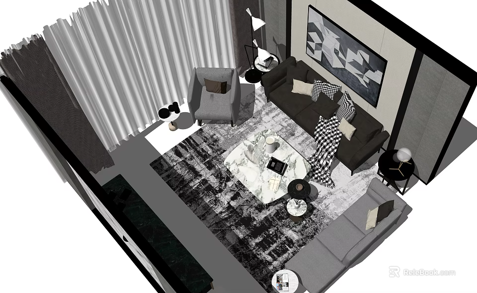 Elegant Modern Living Room Sofa Coffee Table Set With Abstract Wall Art And Plaid Rug 3d model 