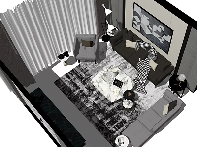 Elegant Modern Living Room Sofa Coffee Table Set With Abstract Wall Art And Plaid Rug 3d model