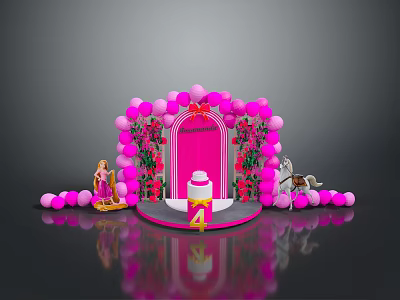 Decorative Pink Arch With Balloons Bow Roses Cake Little Girl And Pony Dolls 3d model
