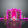 Decorative Pink Arch With Balloons Bow Roses Cake Little Girl And Pony Dolls