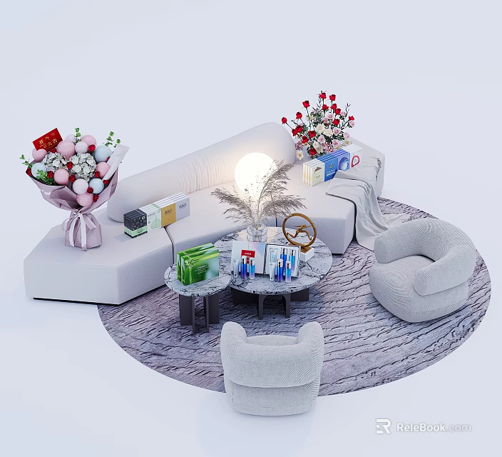 Modern White Sofa And Coffee Table Set With Bouquets Gift Boxes And Round Rug 3d model 