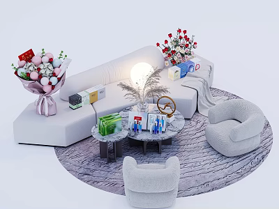 Modern White Sofa And Coffee Table Set With Bouquets Gift Boxes And Round Rug 3d model