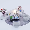 Modern White Sofa And Coffee Table Set With Bouquets Gift Boxes And Round Rug