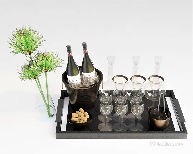 Wine Bottles and Wine Glasses on Black Tray with Ice Bucket Nuts and Green Vase 3d model 