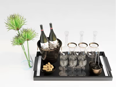 Wine Bottles and Wine Glasses on Black Tray with Ice Bucket Nuts and Green Vase 3d model