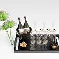 Wine Bottles and Wine Glasses on Black Tray with Ice Bucket Nuts and Green Vase