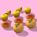 Fresh Juicy Peaches Whole And Halved With Green Leaves On Pink Background