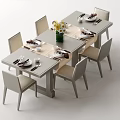 Modern Dining Table Set With Six Chairs Tableware And Flower Vase 3d model
