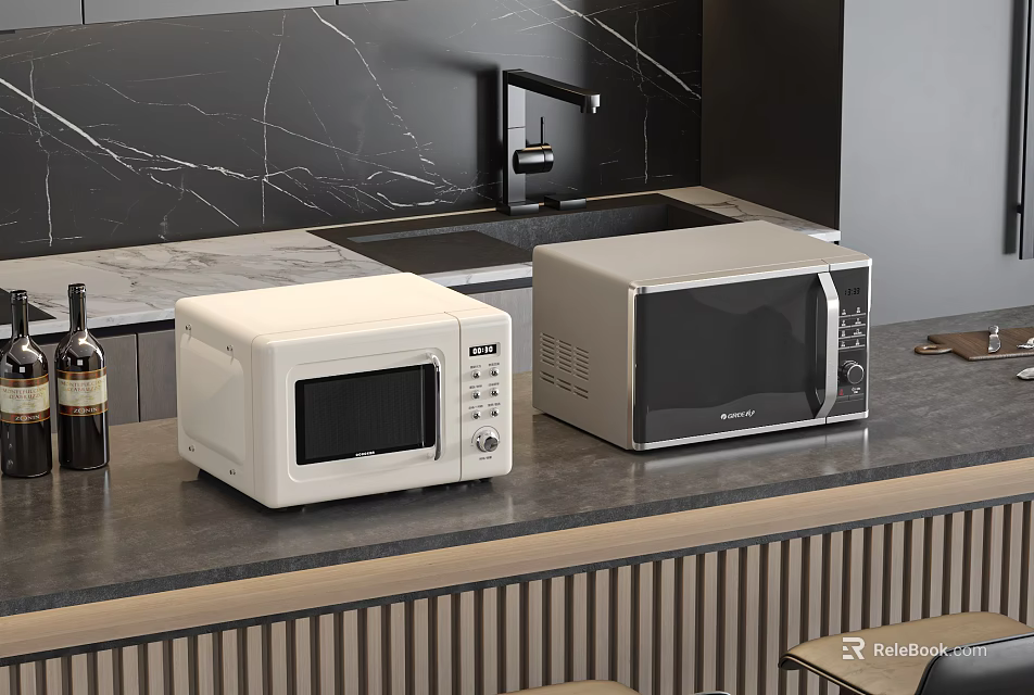 Two Microwaves On Dark Kitchen Countertop With Black Marble Backsplash And Wine Bottle 3d model 