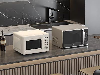 Two Microwaves On Dark Kitchen Countertop With Black Marble Backsplash And Wine Bottle 3d model