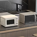 Two Microwaves On Dark Kitchen Countertop With Black Marble Backsplash And Wine Bottle