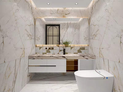Modern Luxury Marble Bathroom With Smart Toilet And Stylish Floating Vanity And Warm Ambient Lighting 3d model