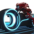 Futuristic Red Motorcycle With Glowing Blue Ring Wheels On Dark Ground With Blue Lines