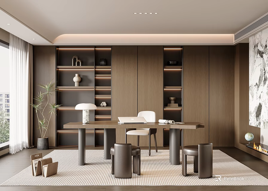 Modern Home Office Interior With Wooden Shelves Desk Chair Plant And Rug 3d model 