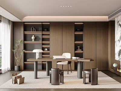 Modern Home Office Interior With Wooden Shelves Desk Chair Plant And Rug 3d model