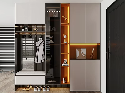 Modern Entryway Cabinet And Side Cabinet With Mirror Clothing Rack Shoe Storage And Warm Lighting 3d model