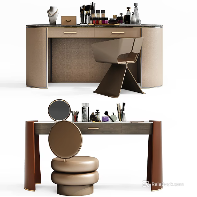 Elegant Modern Dressing Table Design With Round Mirror Chair And Cosmetics 3d model
