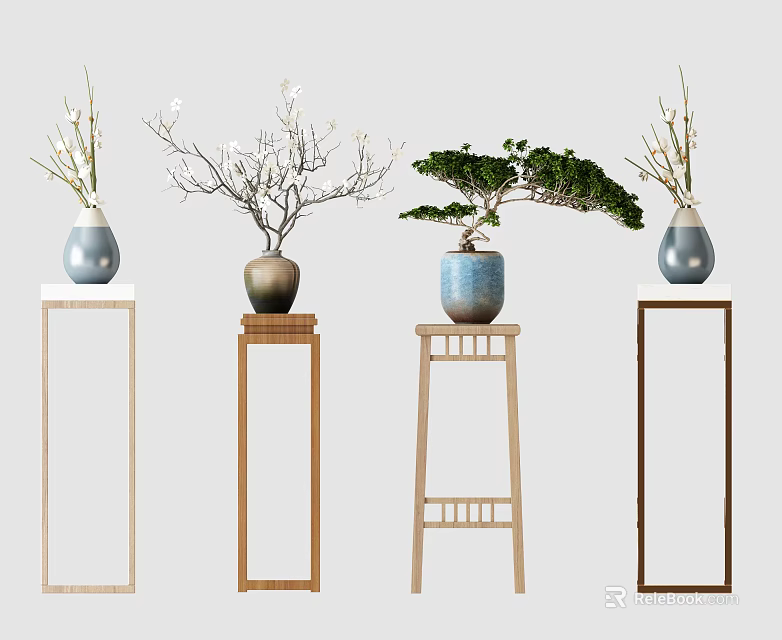 Various Decorative Vases With Plants On Wooden Stands Minimalist Design 3d model 