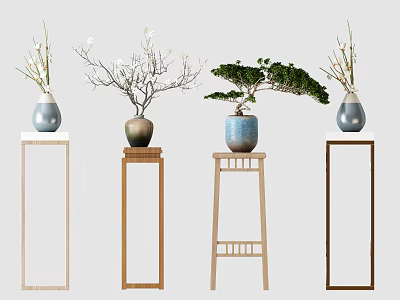Various Decorative Vases With Plants On Wooden Stands Minimalist Design 3d model
