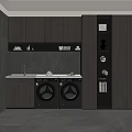 Modern Laundry Room With Two Washing Machines Gray Cabinets Marble Countertop And Open Shelves